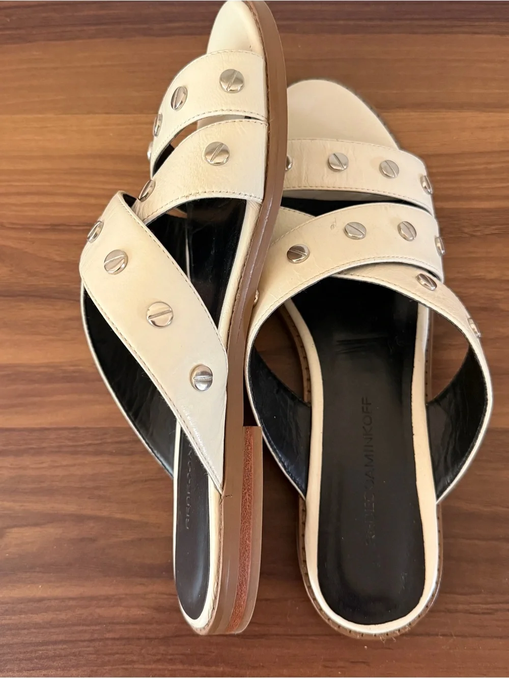 Rebecca Minkoff Ivory Leather Studded Slide Sandals